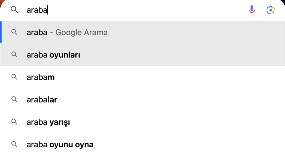 Google'da "araba" kelimesinin aratılması.